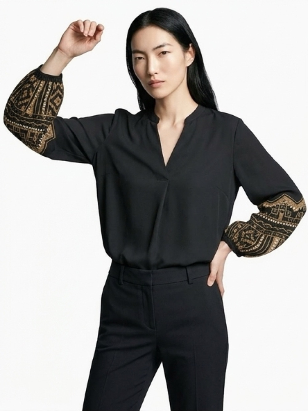 CHICOs Peasant Blouse, Black, Embellished, Geo Beaded Slv, Size2~us 12/14, NWT